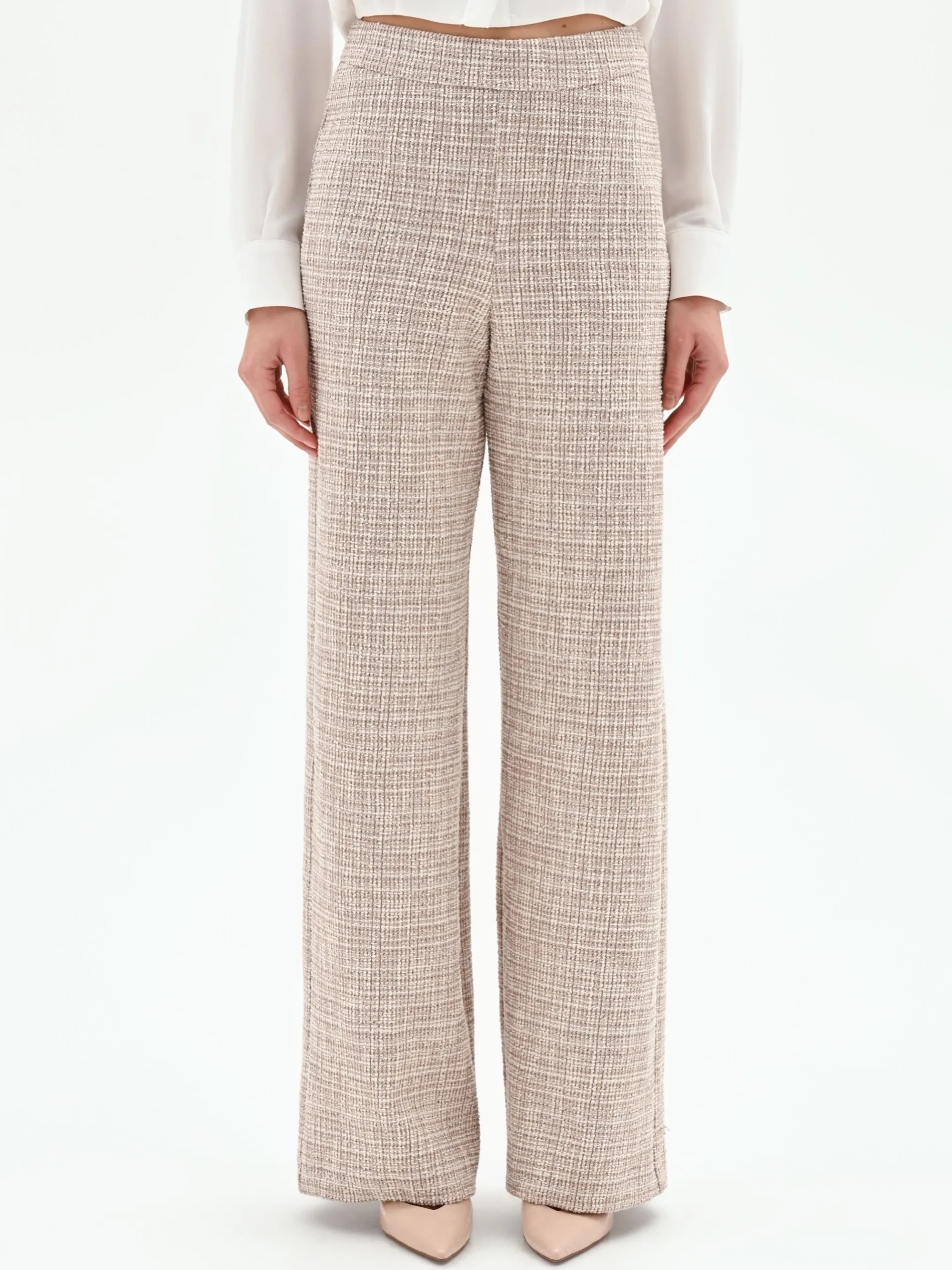 PANTALONE A PALAZZO BEIGE CHIARO EFFETTO TWEED