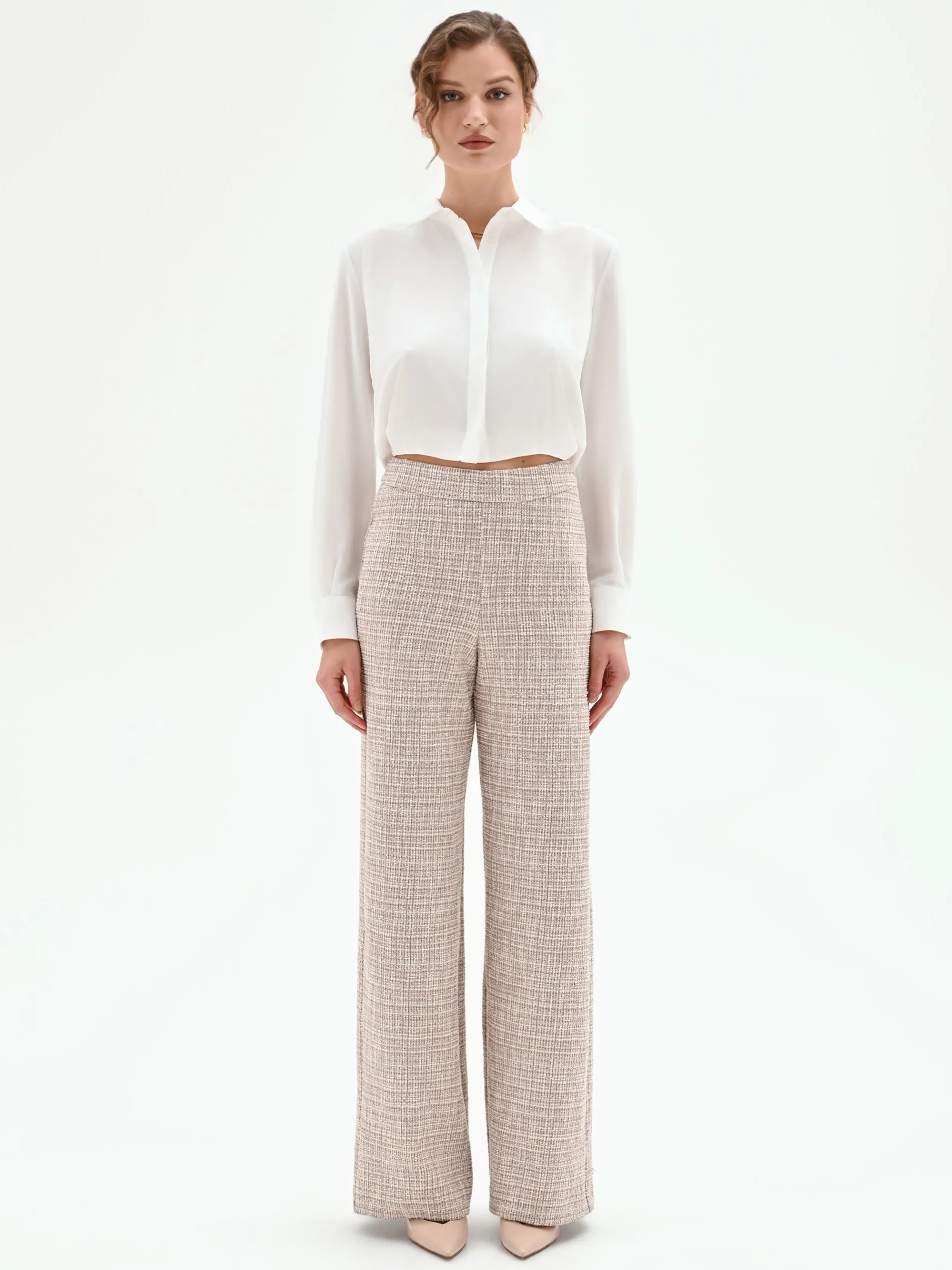 PANTALONE A PALAZZO BEIGE CHIARO EFFETTO TWEED