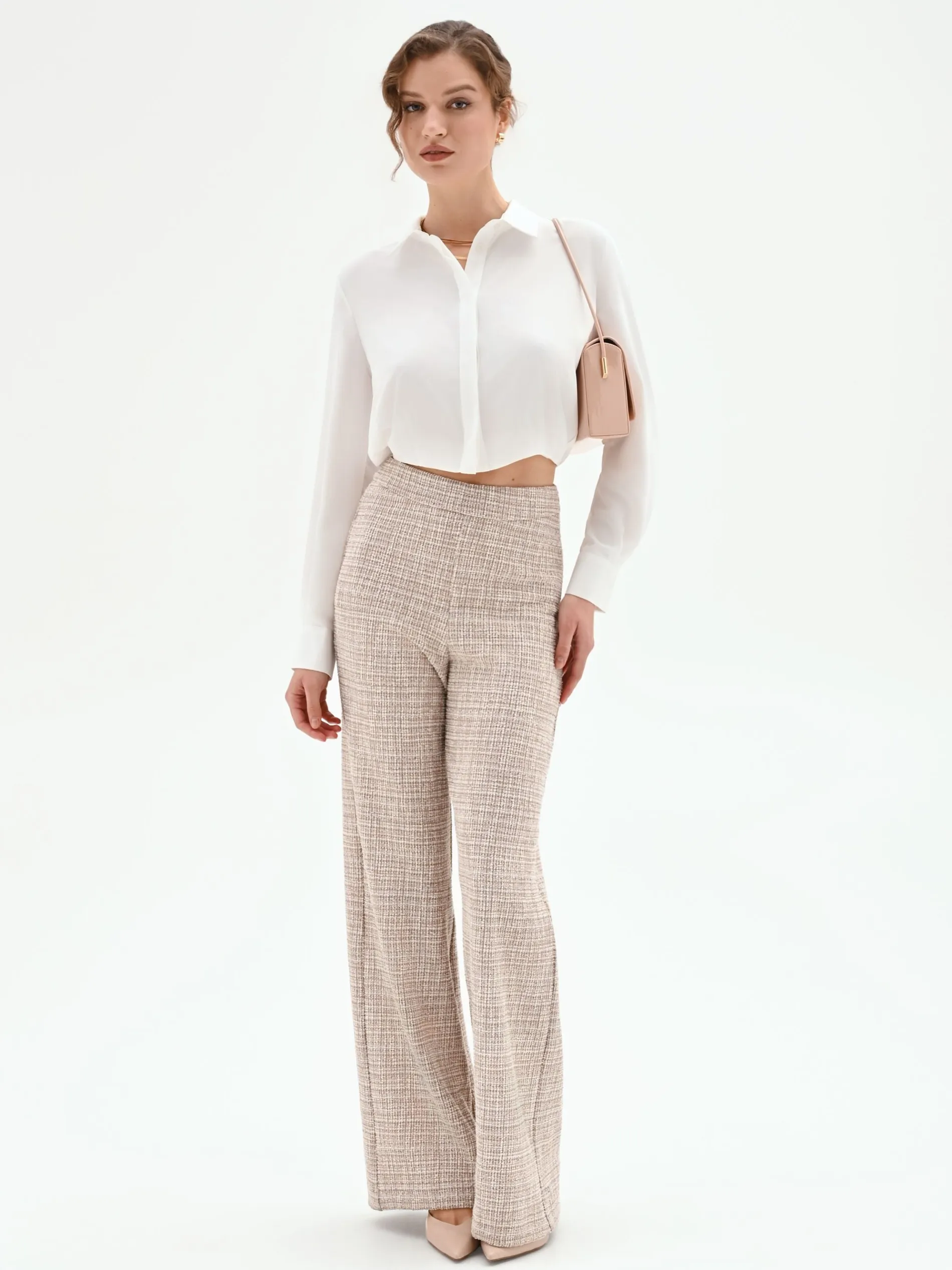 PANTALONE A PALAZZO BEIGE CHIARO EFFETTO TWEED