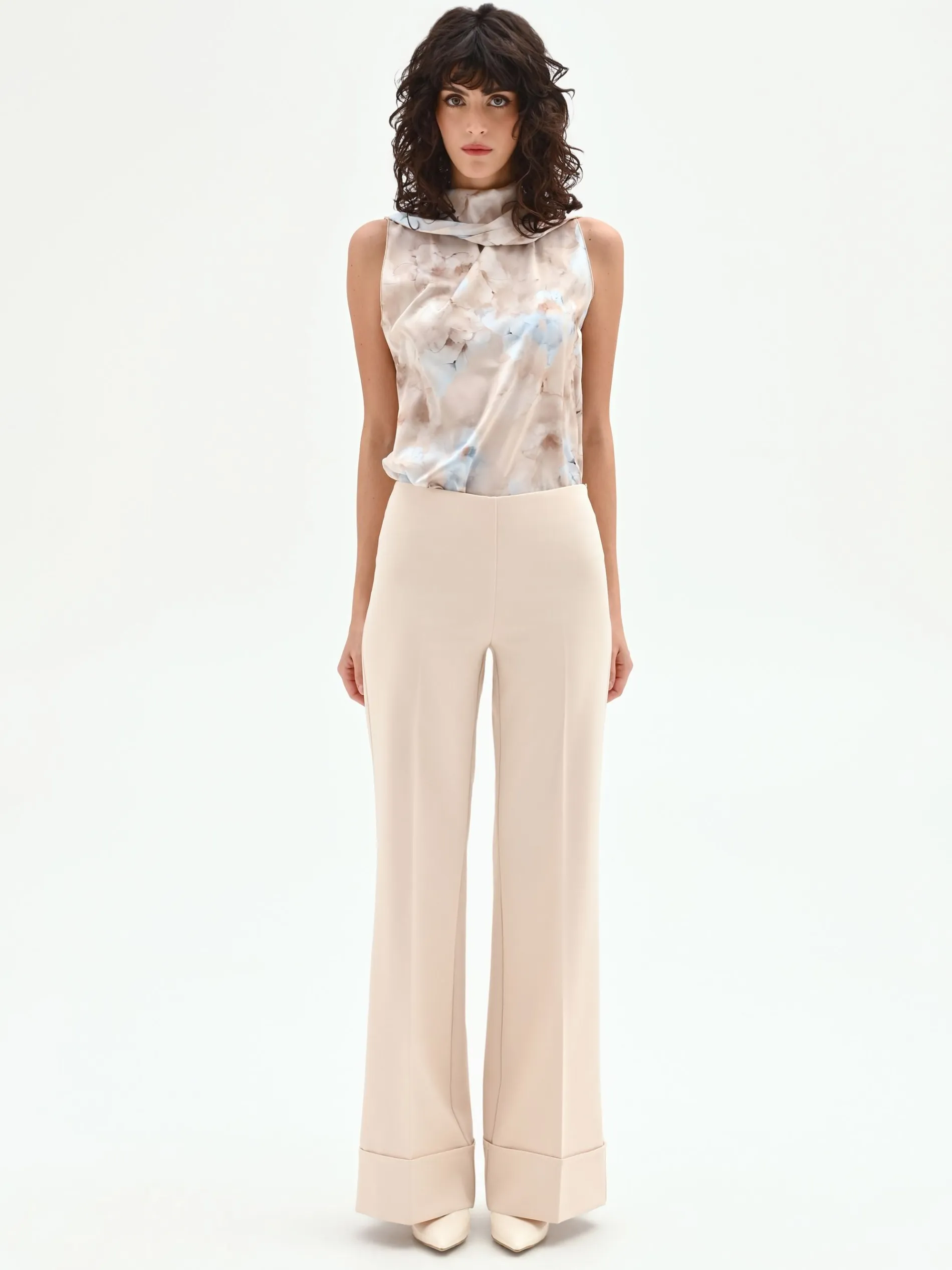 PANTALONE A PALAZZO BEIGE CHIARO CON RISVOLTO