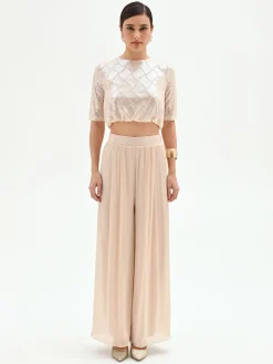 PANTALONE A PALAZZO BEIGE CHIARO IN RASO CANGIANTE