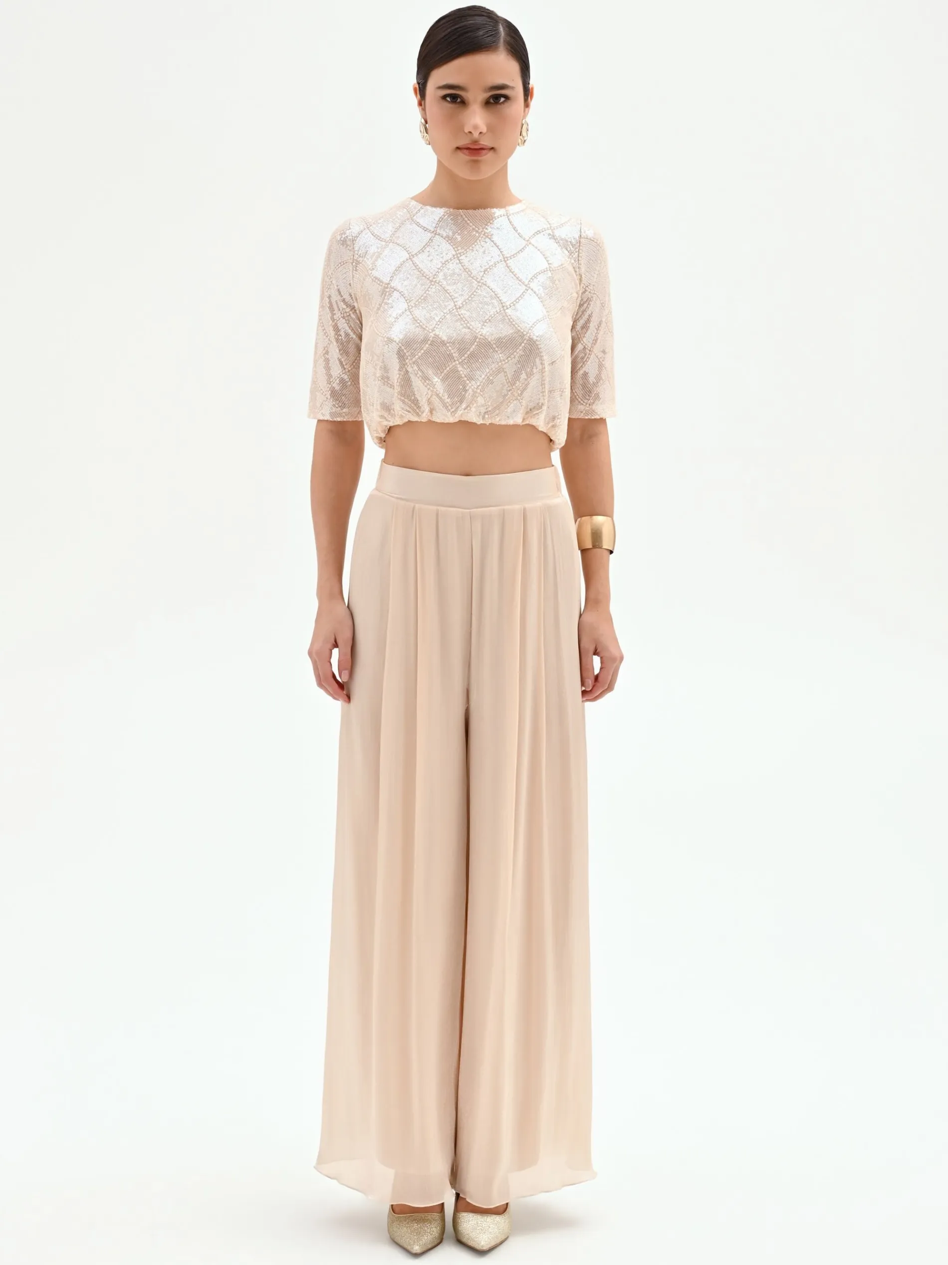 PANTALONE A PALAZZO BEIGE CHIARO IN RASO CANGIANTE