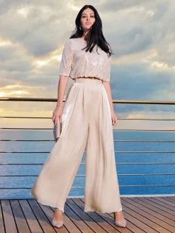 PANTALONE A PALAZZO BEIGE CHIARO IN RASO CANGIANTE