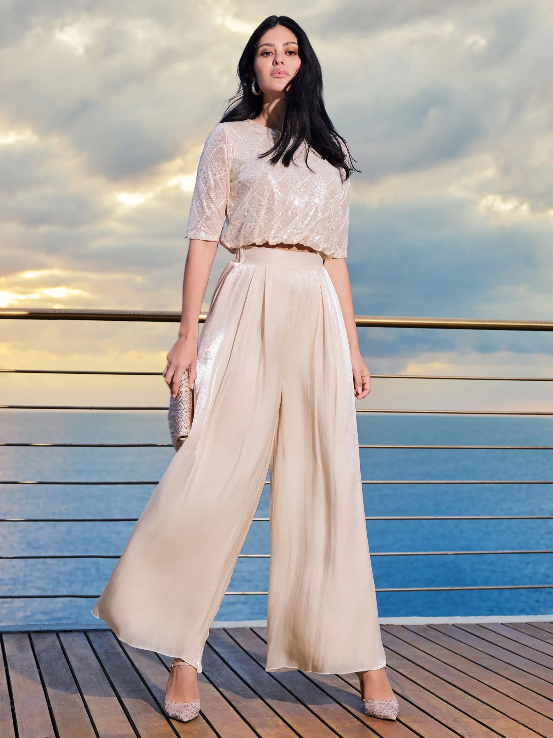 PANTALONE A PALAZZO BEIGE CHIARO IN RASO CANGIANTE