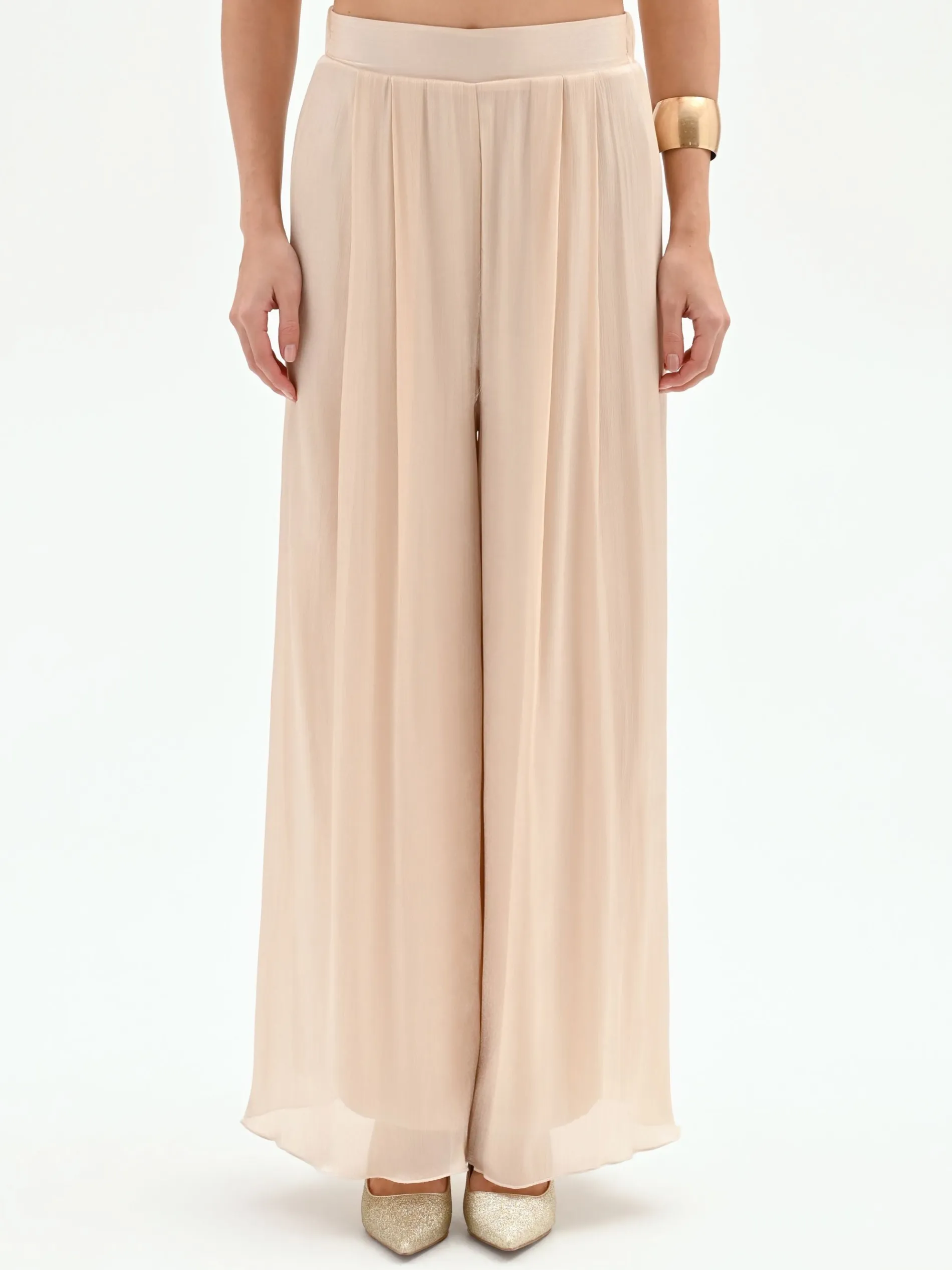 PANTALONE A PALAZZO BEIGE CHIARO IN RASO CANGIANTE