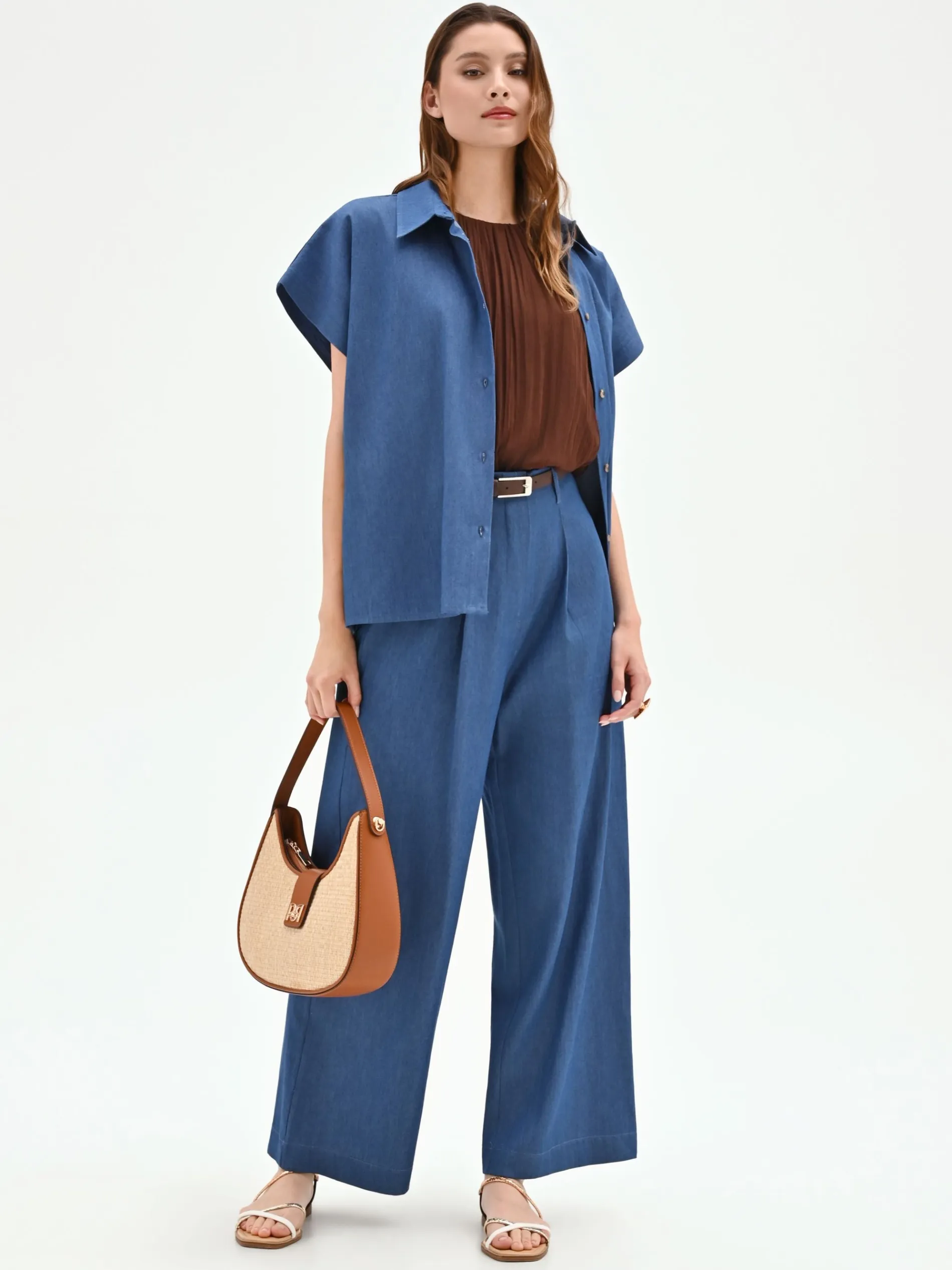 PANTALONE A PALAZZO BLU INDACO CON CINTURA