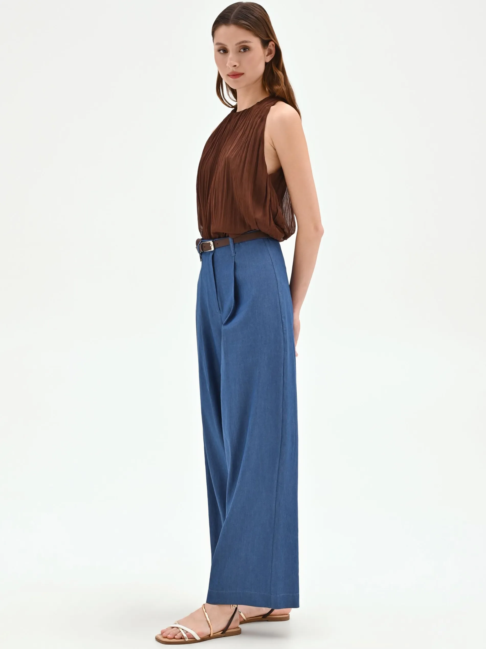 PANTALONE A PALAZZO BLU INDACO CON CINTURA