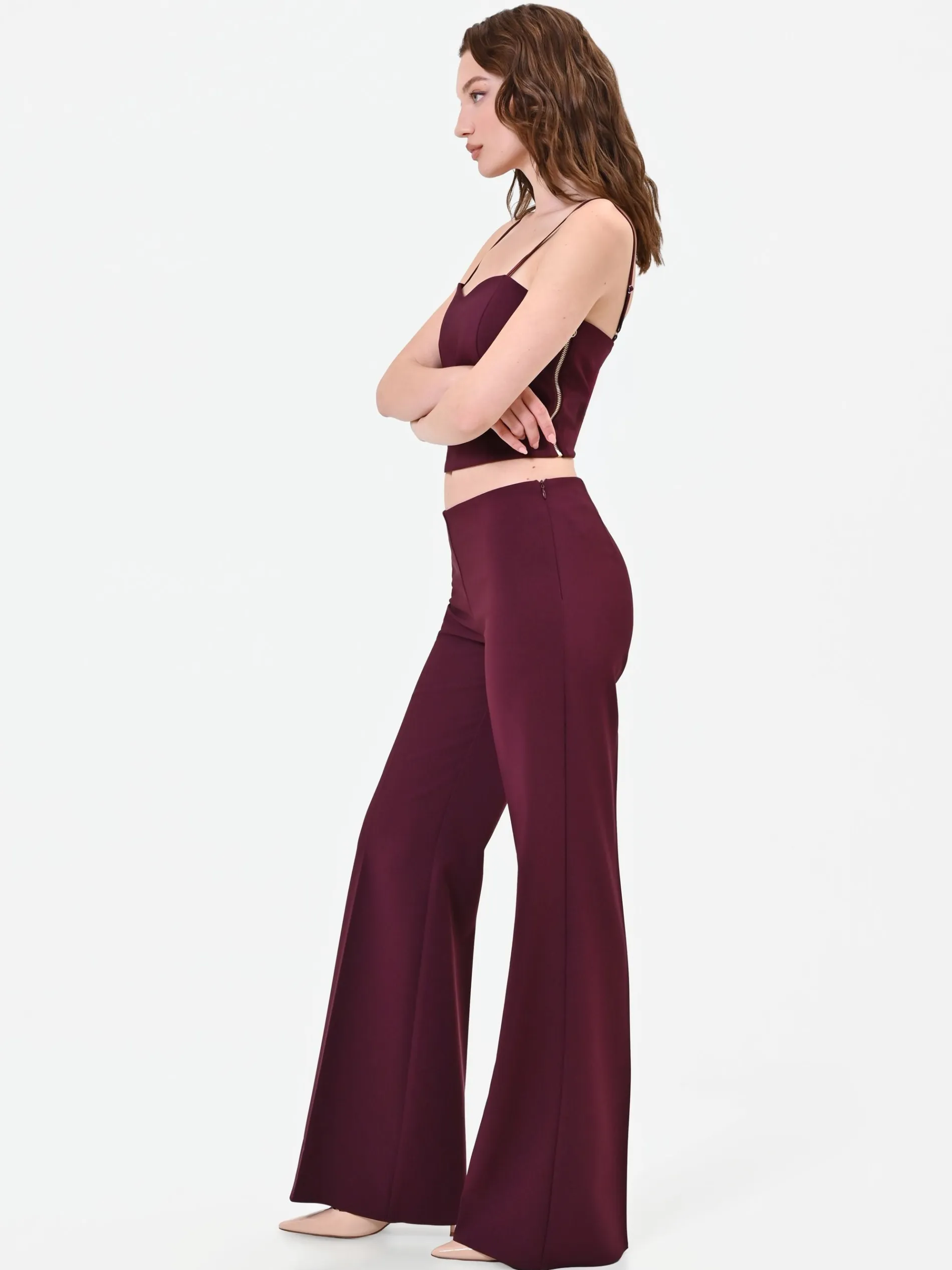 PANTALONE A PALAZZO BORDEAUX ROSSO CON PIEGA STIRATA