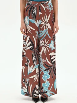 PANTALONE A PALAZZO CIOCCOLATO CON STAMPA BOTANICA