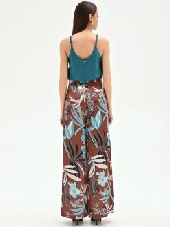 PANTALONE A PALAZZO CIOCCOLATO CON STAMPA BOTANICA