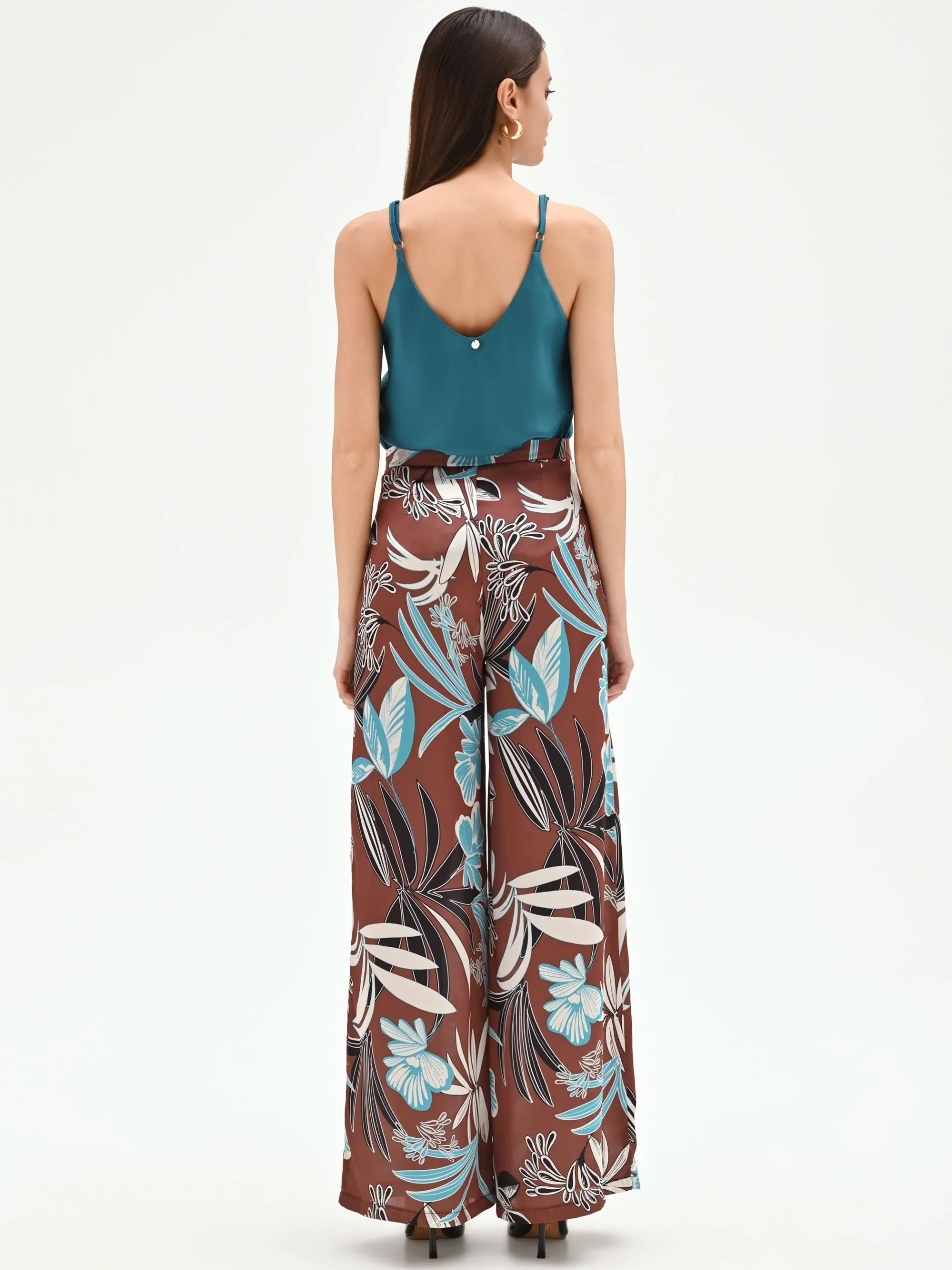 PANTALONE A PALAZZO CIOCCOLATO CON STAMPA BOTANICA