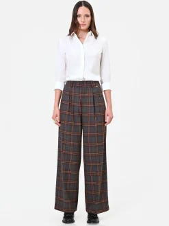 PANTALONE A PALAZZO MARRONE CON MOTIVO CHECK