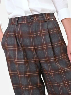 PANTALONE A PALAZZO MARRONE CON MOTIVO CHECK