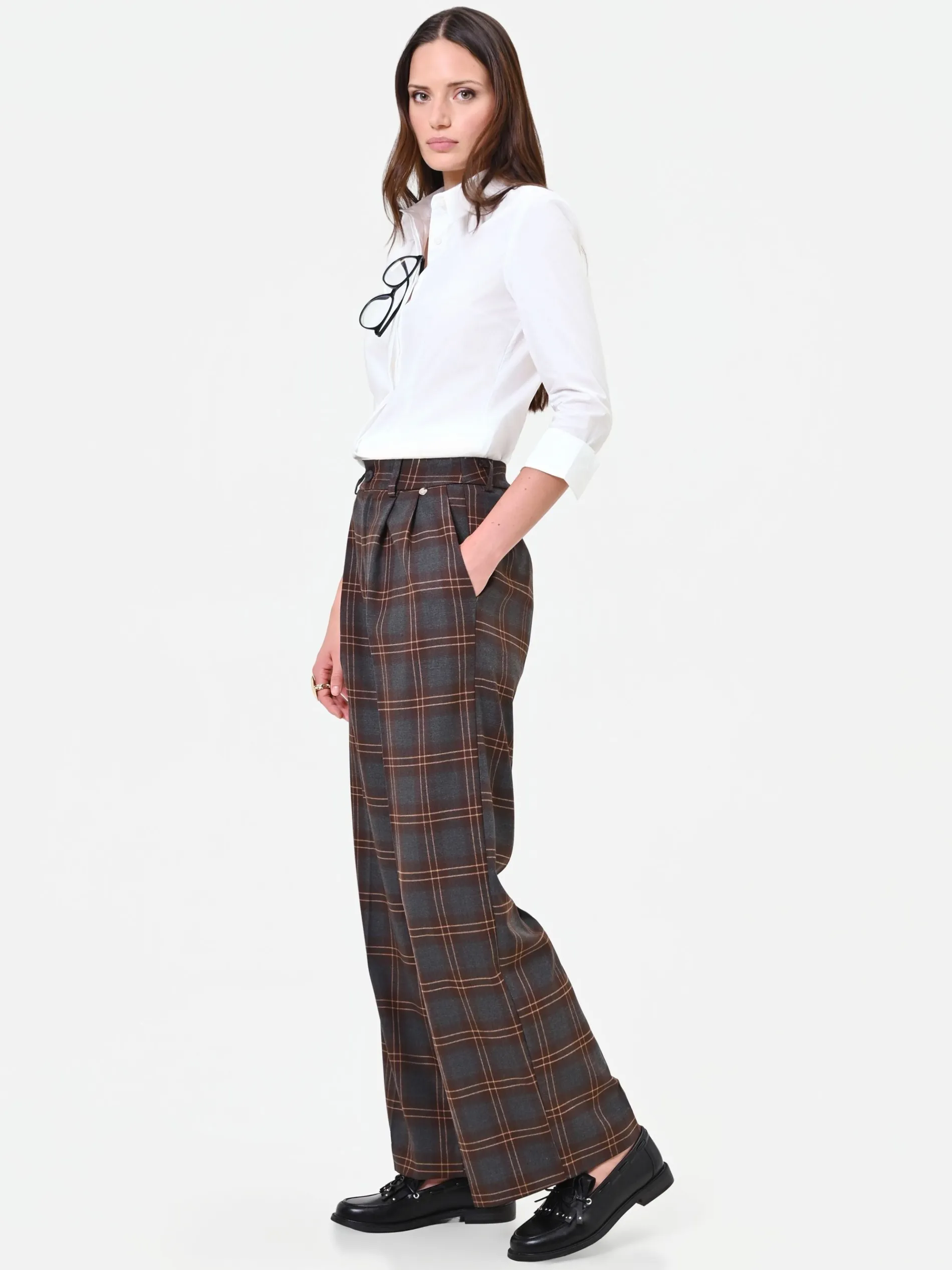 PANTALONE A PALAZZO MARRONE CON MOTIVO CHECK