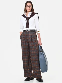 PANTALONE A PALAZZO MARRONE CON MOTIVO CHECK