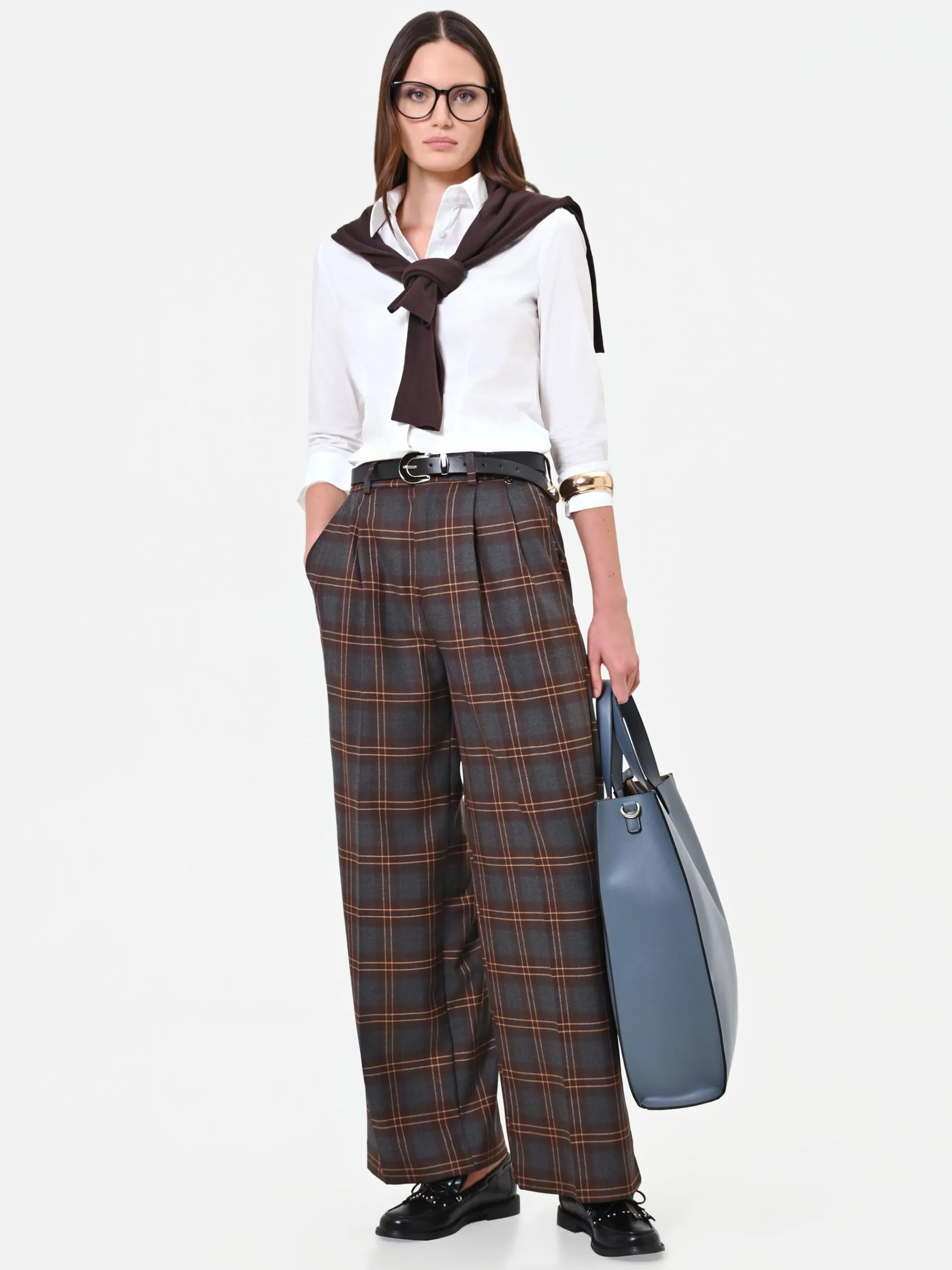 PANTALONE A PALAZZO MARRONE CON MOTIVO CHECK