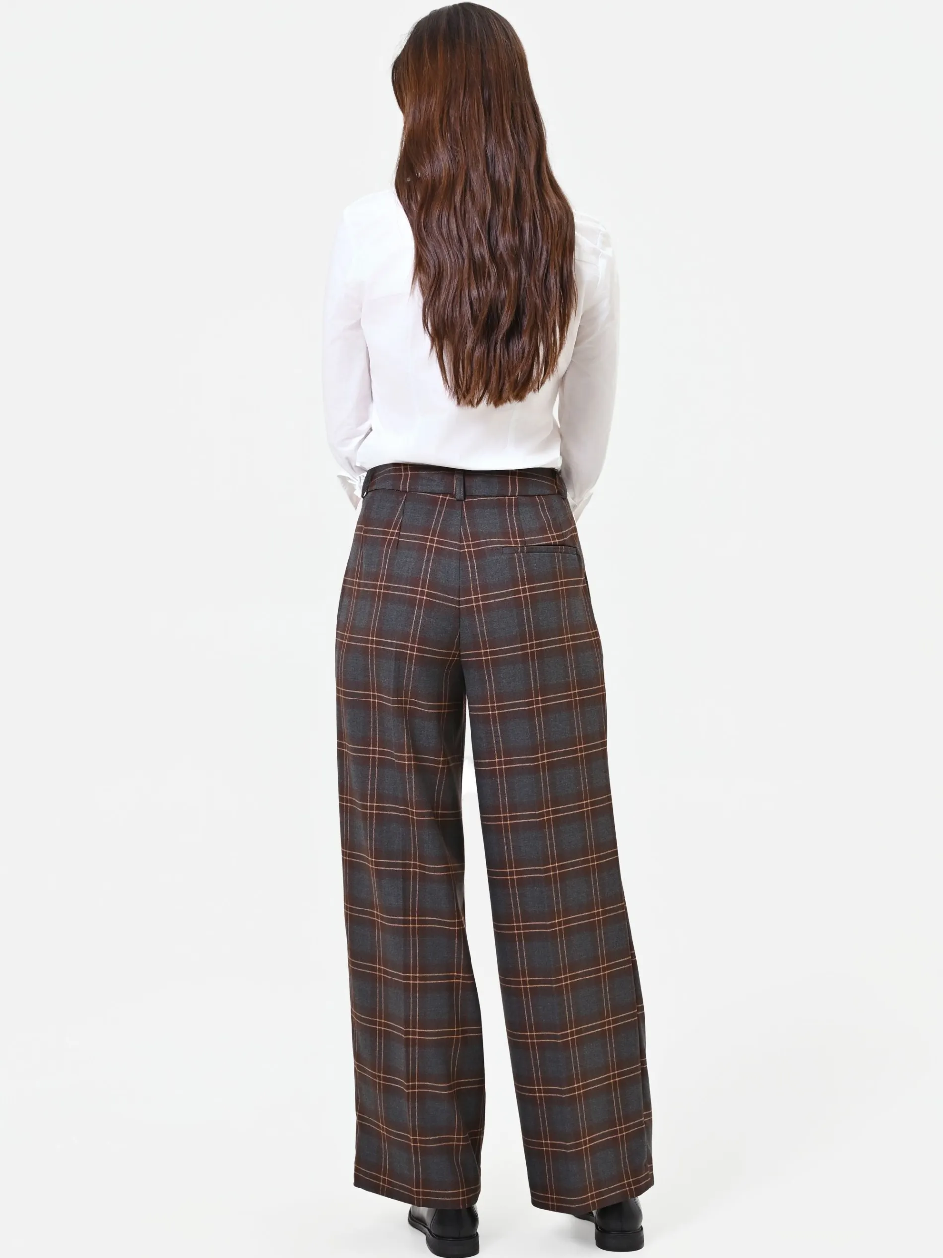 PANTALONE A PALAZZO MARRONE CON MOTIVO CHECK