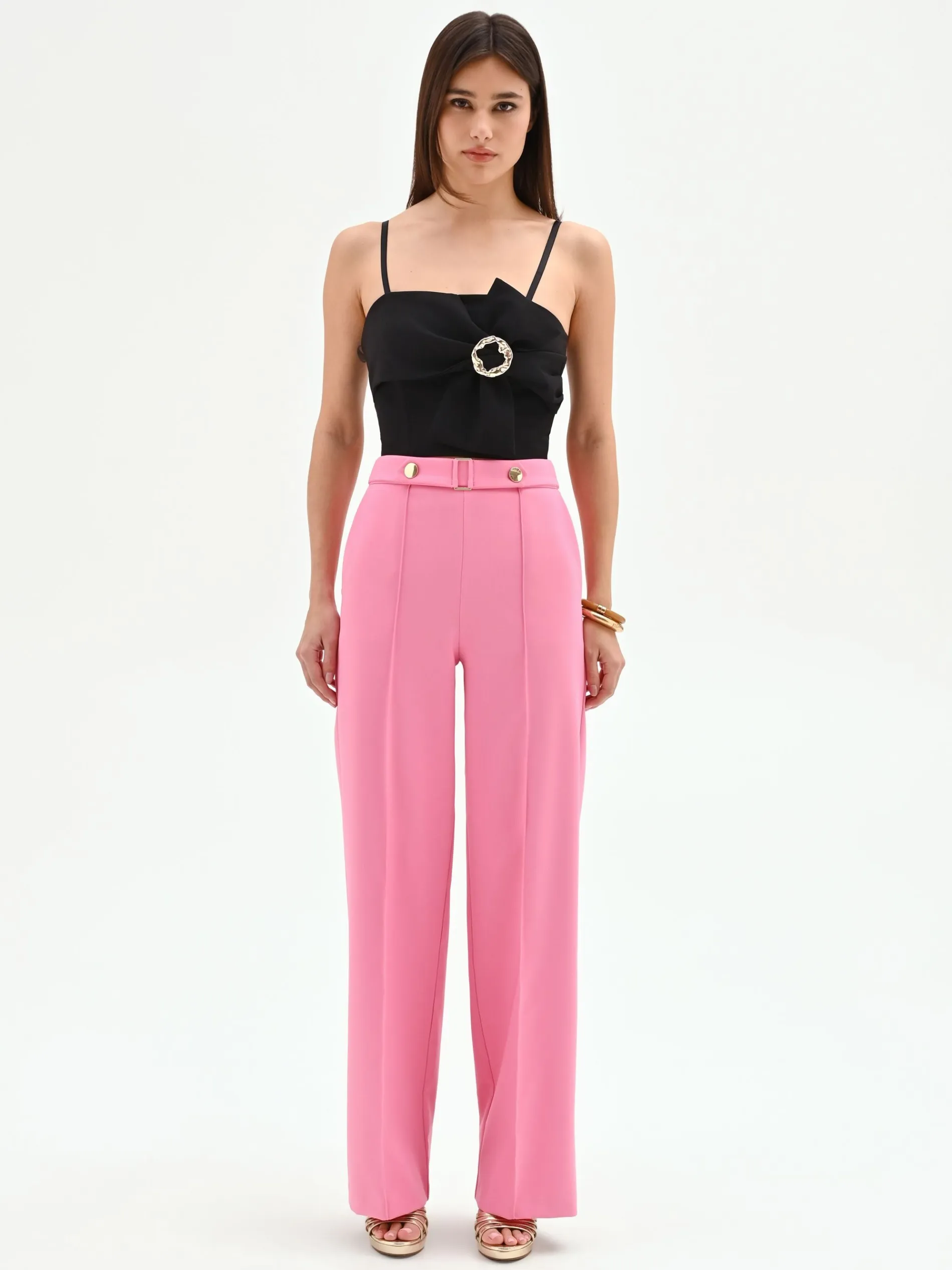 PANTALONE A PALAZZO ROSA CON CINTURA GIOIELLO