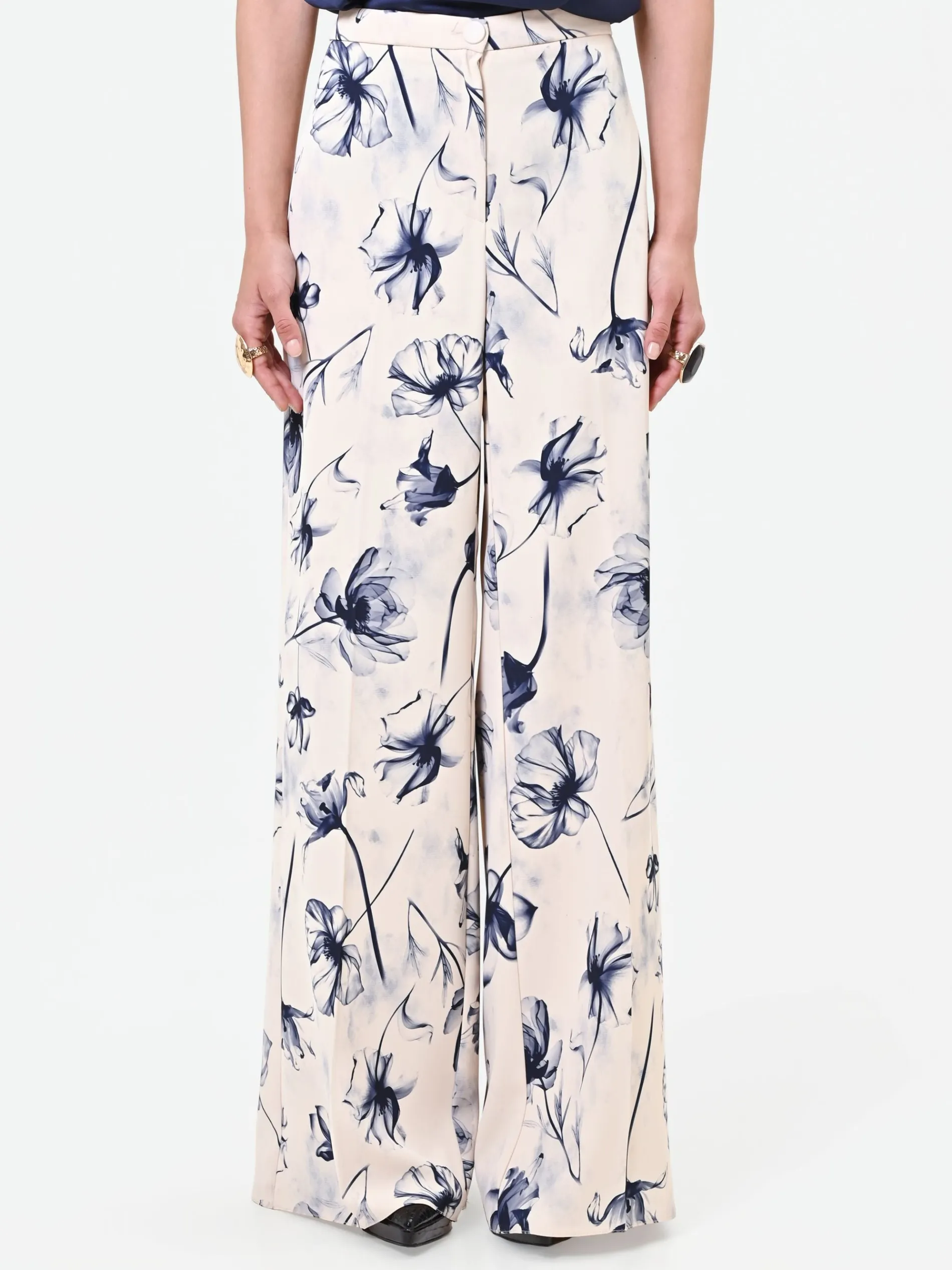 PANTALONE A PALAZZO STAMPA FLOREALE BLU NAVY