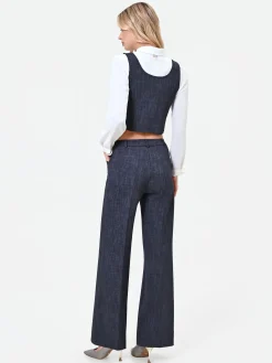 PANTALONE BLU NAVY A PALAZZO CON RISVOLTO