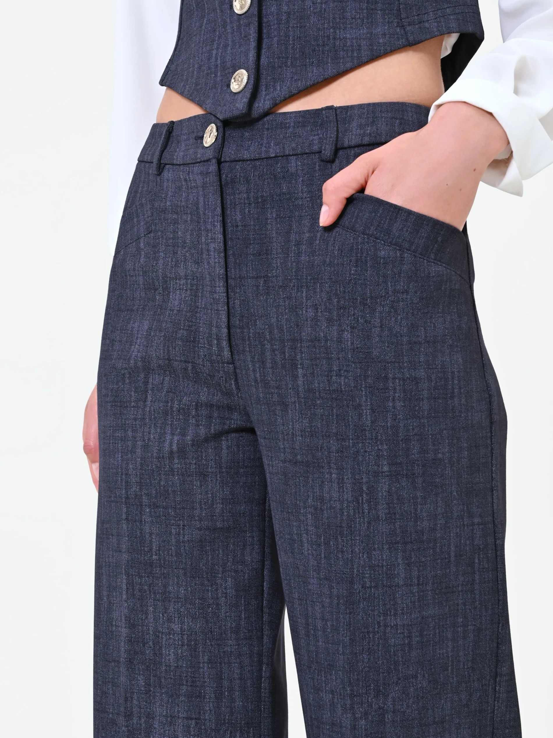 PANTALONE BLU NAVY A PALAZZO CON RISVOLTO