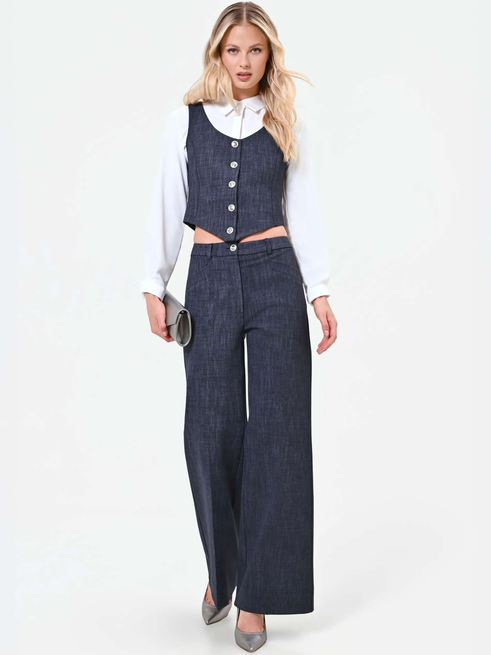 PANTALONE BLU NAVY A PALAZZO CON RISVOLTO