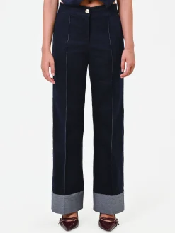 PANTALONE BLU NAVY IN VELLUTO CON IMPUNTURE A CONTRASTO