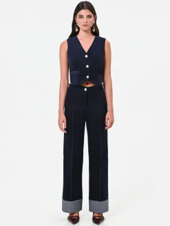 PANTALONE BLU NAVY IN VELLUTO CON IMPUNTURE A CONTRASTO