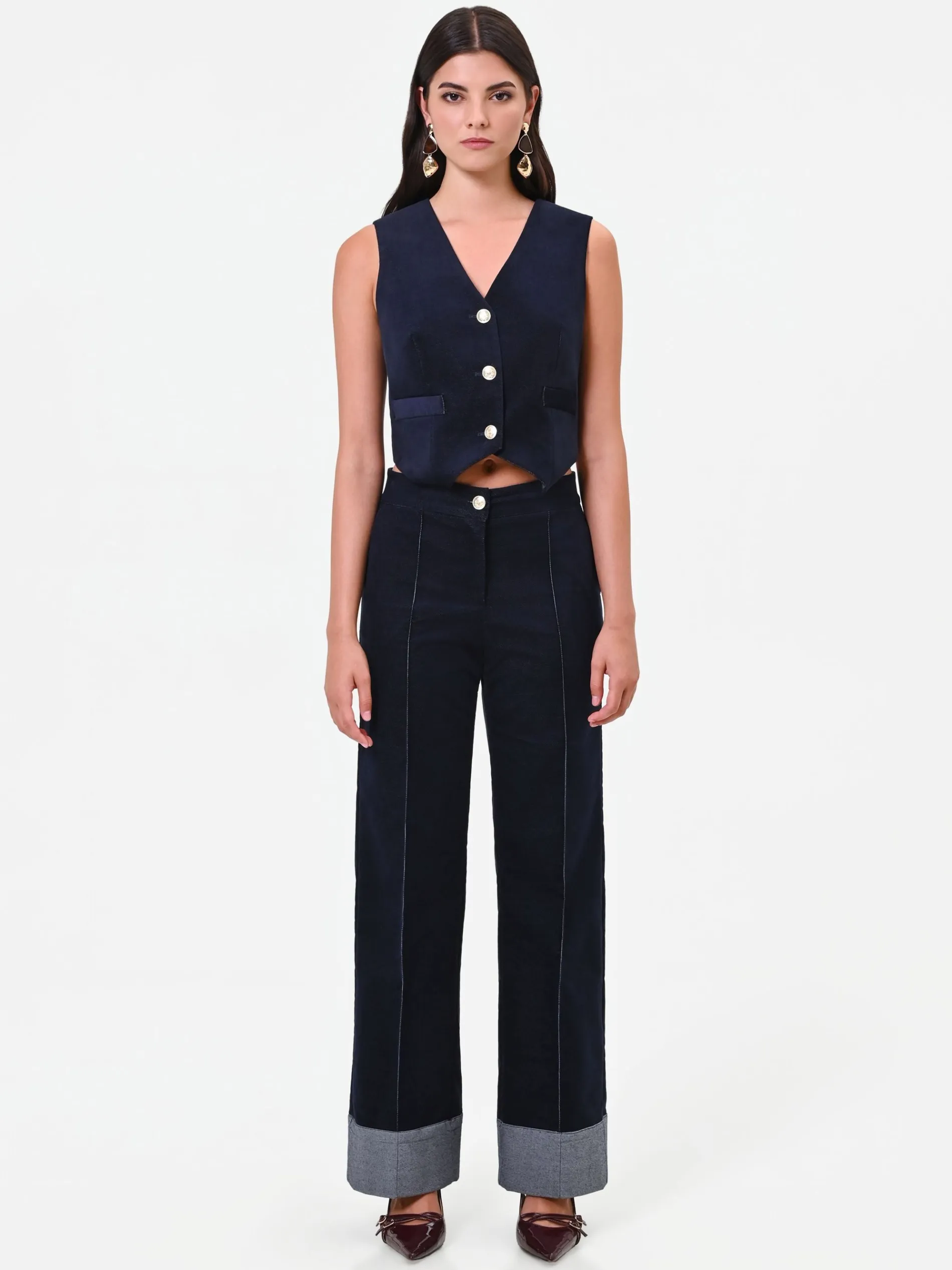 PANTALONE BLU NAVY IN VELLUTO CON IMPUNTURE A CONTRASTO