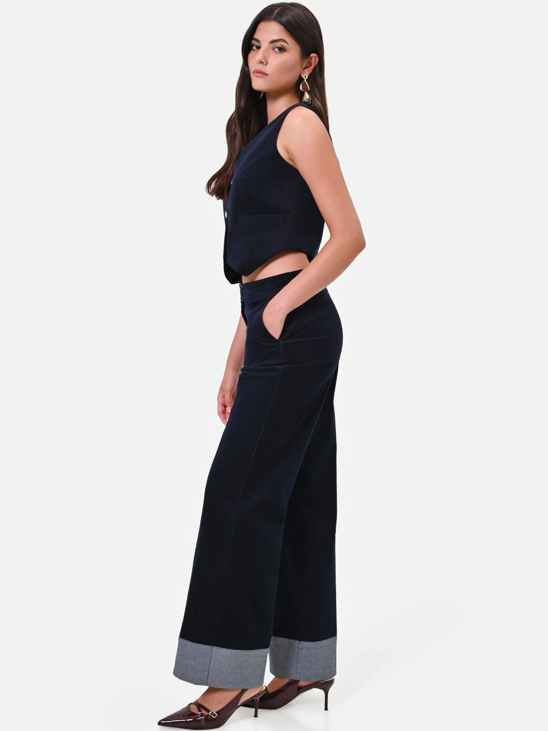 PANTALONE BLU NAVY IN VELLUTO CON IMPUNTURE A CONTRASTO