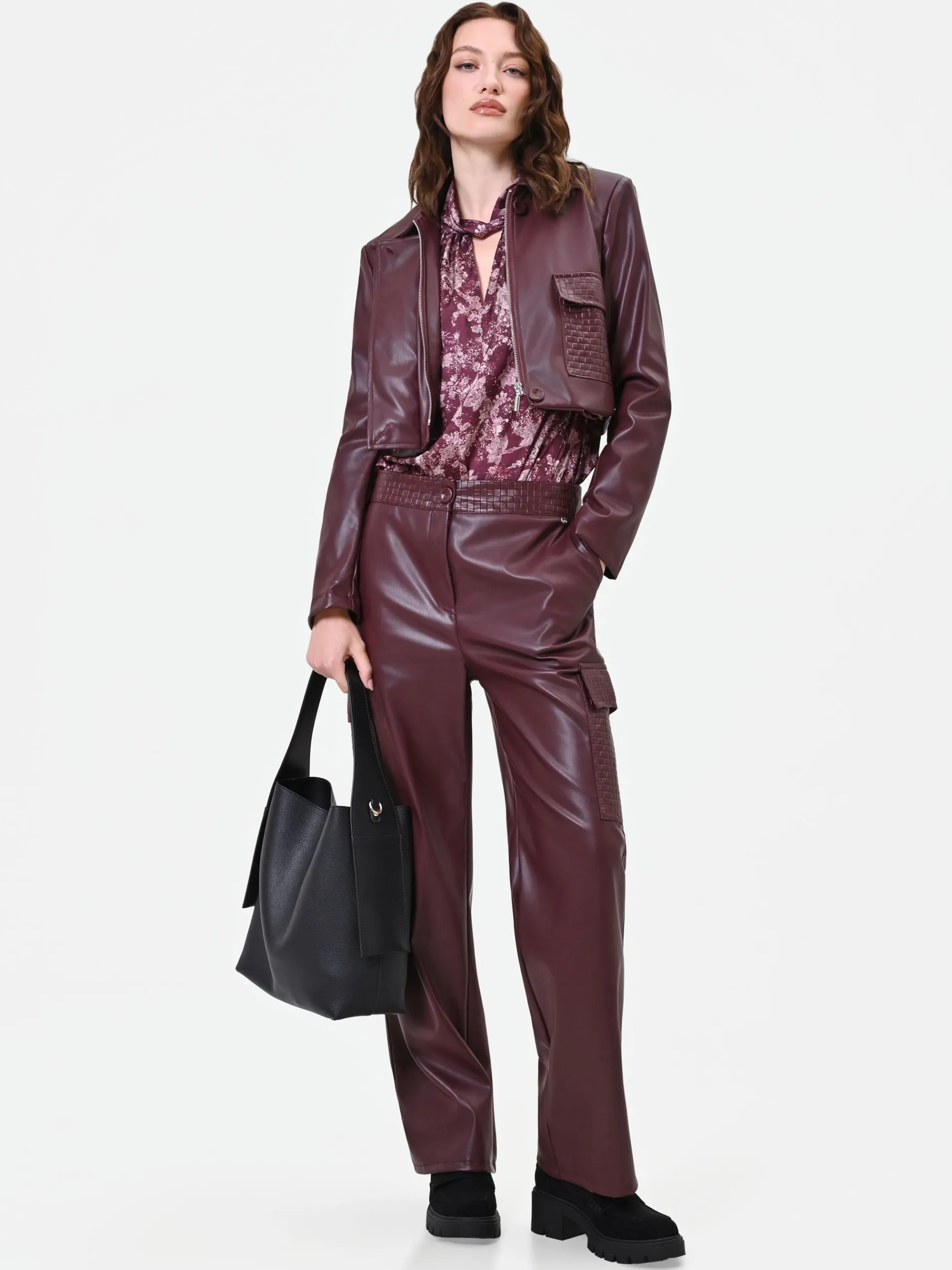 PANTALONE CARGO BORDEAUX ROSSO IN SIMILPELLE