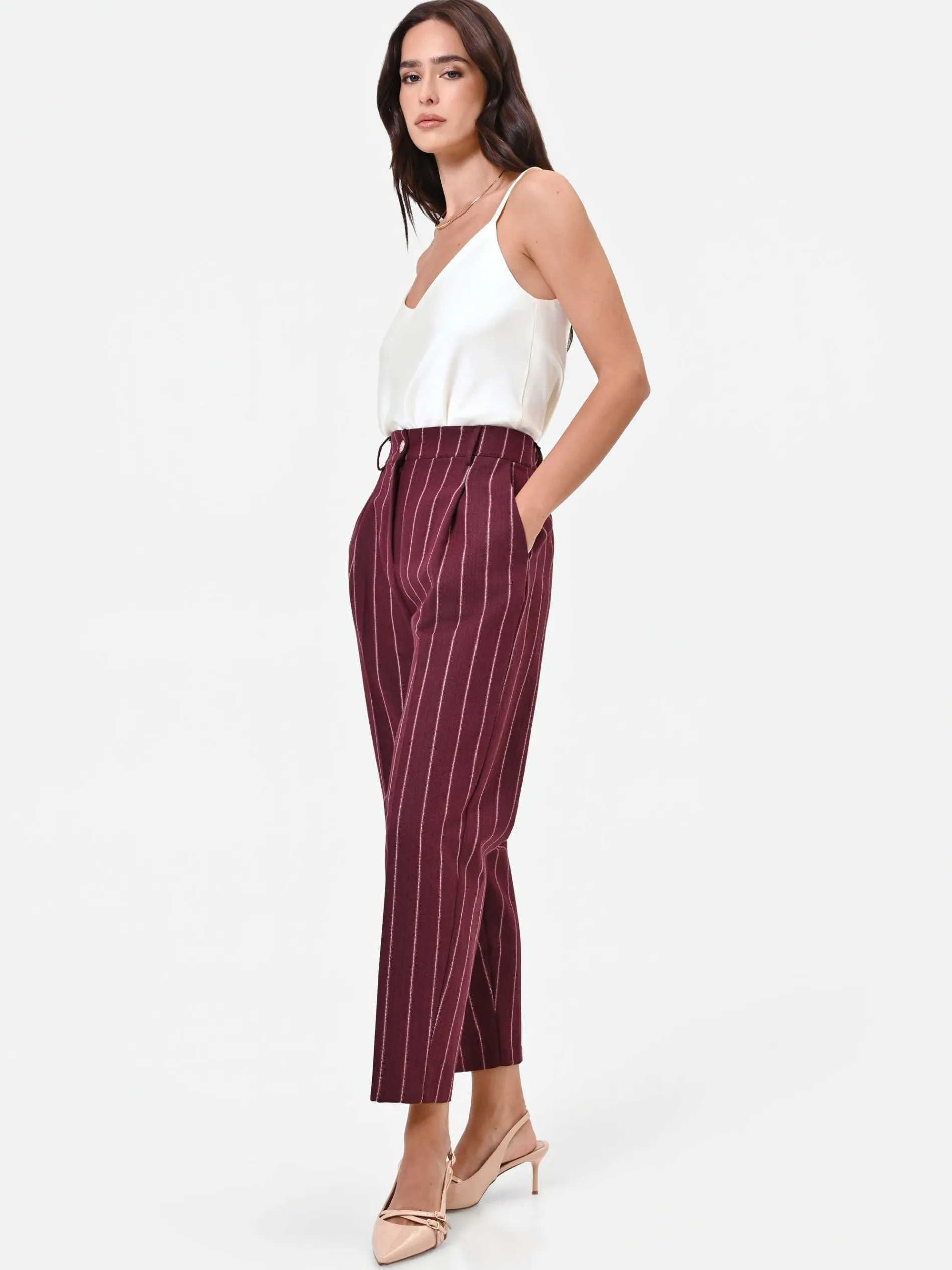 PANTALONE CROPPED GESSATO ROSSO BORDEAUX