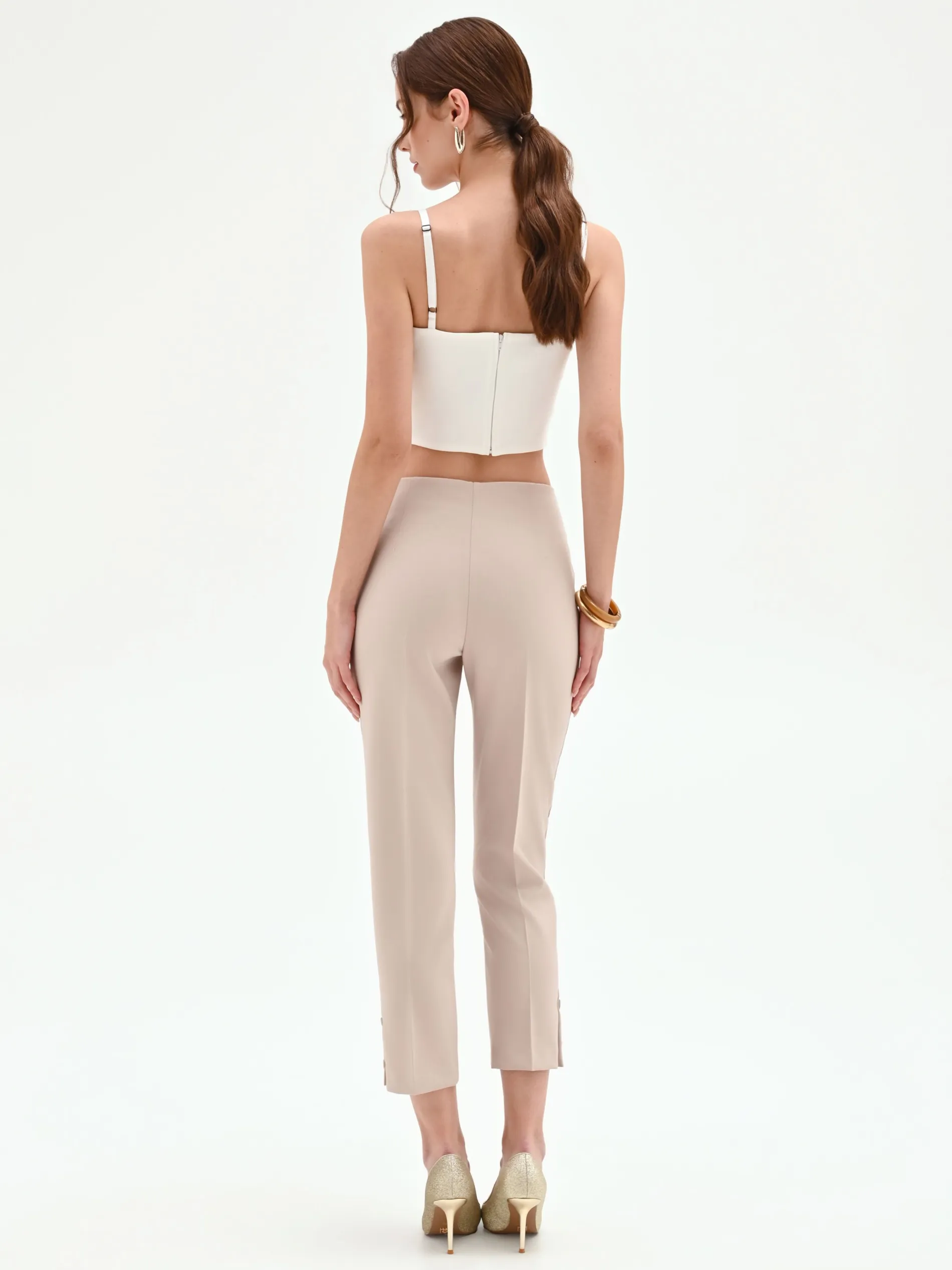 PANTALONE CROPPED TORTORA BEIGE CON BOTTONI AL FONDO