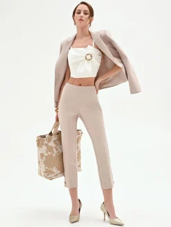 PANTALONE CROPPED TORTORA BEIGE CON BOTTONI AL FONDO