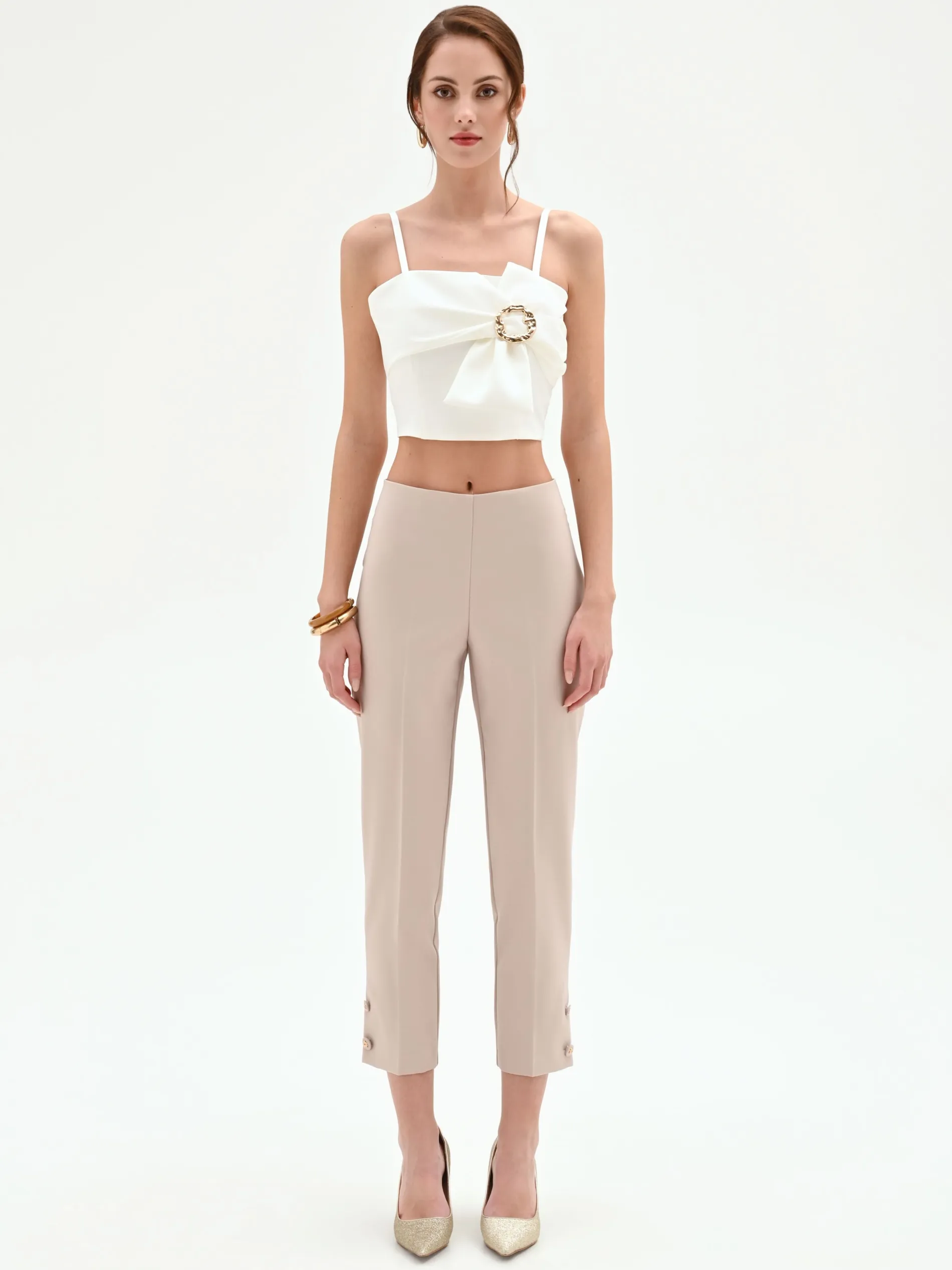 PANTALONE CROPPED TORTORA BEIGE CON BOTTONI AL FONDO