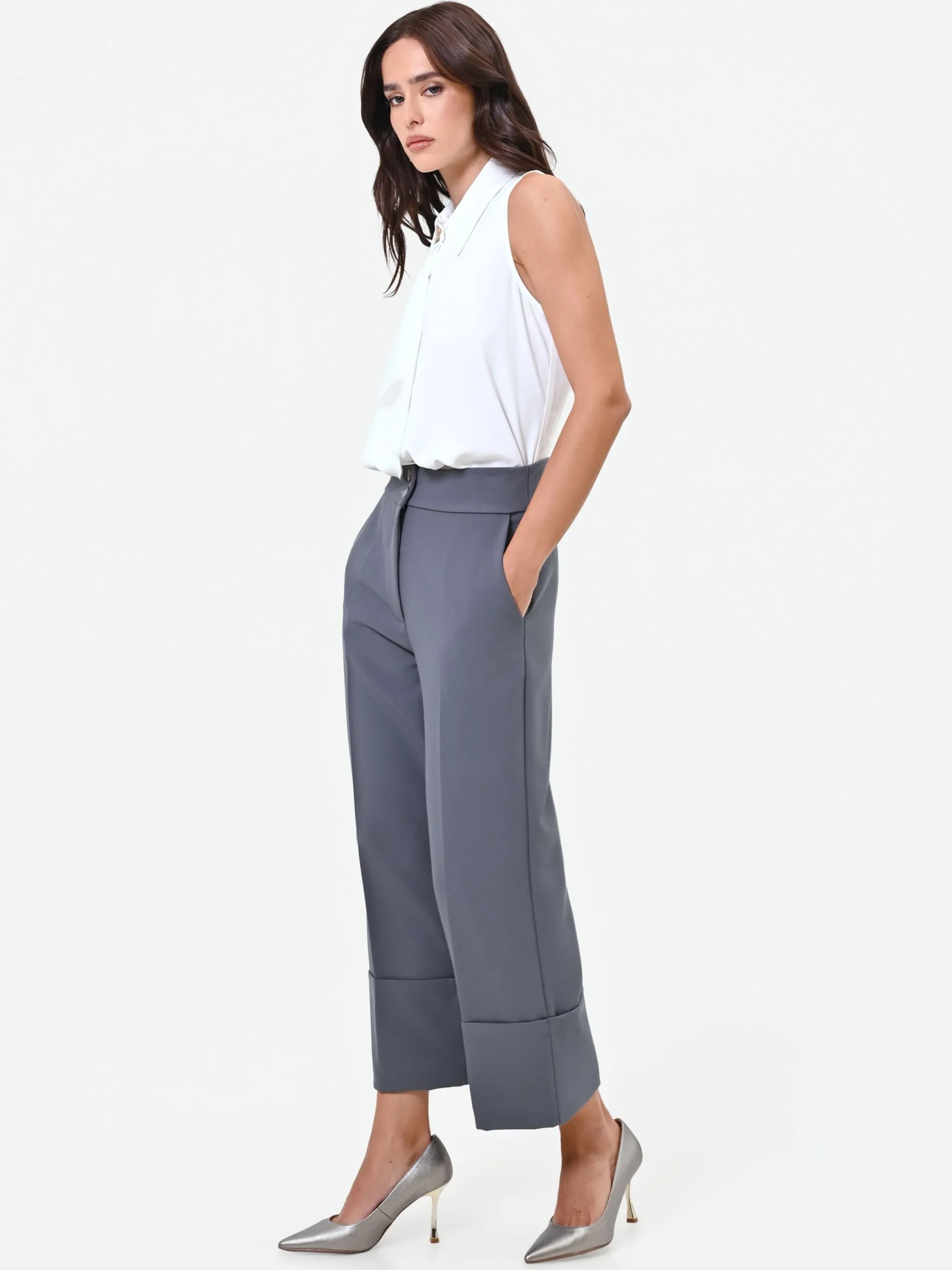 PANTALONE CULOTTE GRIGIO CON RISVOLTO ALTO