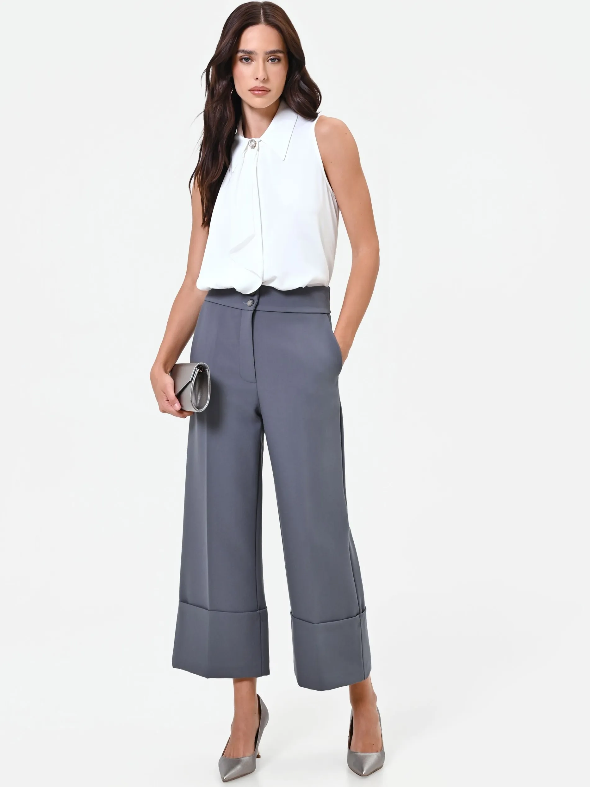 PANTALONE CULOTTE GRIGIO CON RISVOLTO ALTO