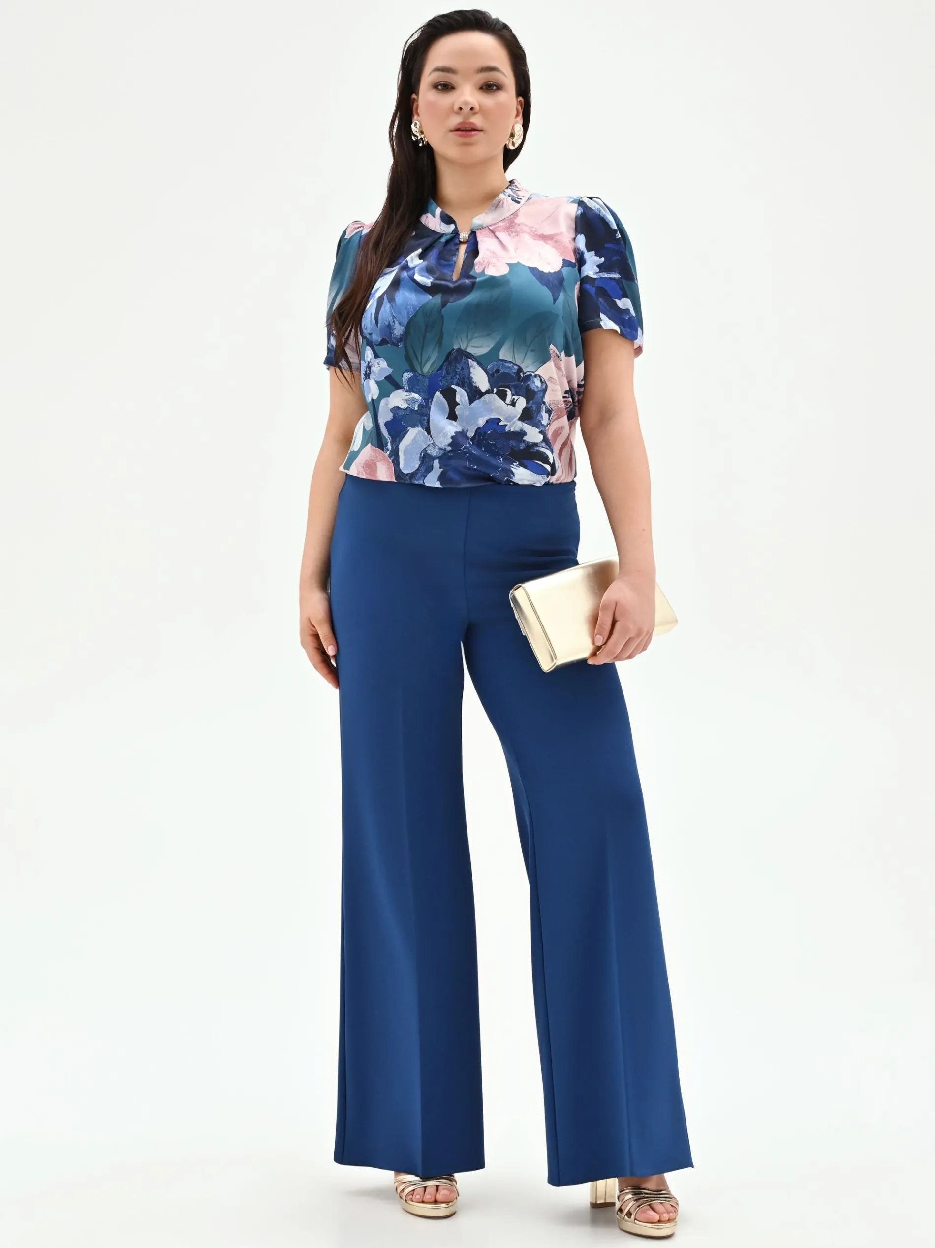 PANTALONE CURVY A PALAZZO BLU BRILLANTE IN SCUBA MANO CREPE