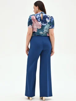 PANTALONE CURVY A PALAZZO BLU BRILLANTE IN SCUBA MANO CREPE