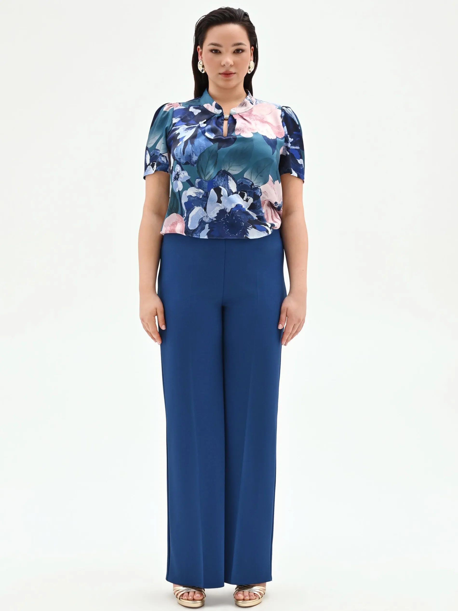 PANTALONE CURVY A PALAZZO BLU BRILLANTE IN SCUBA MANO CREPE