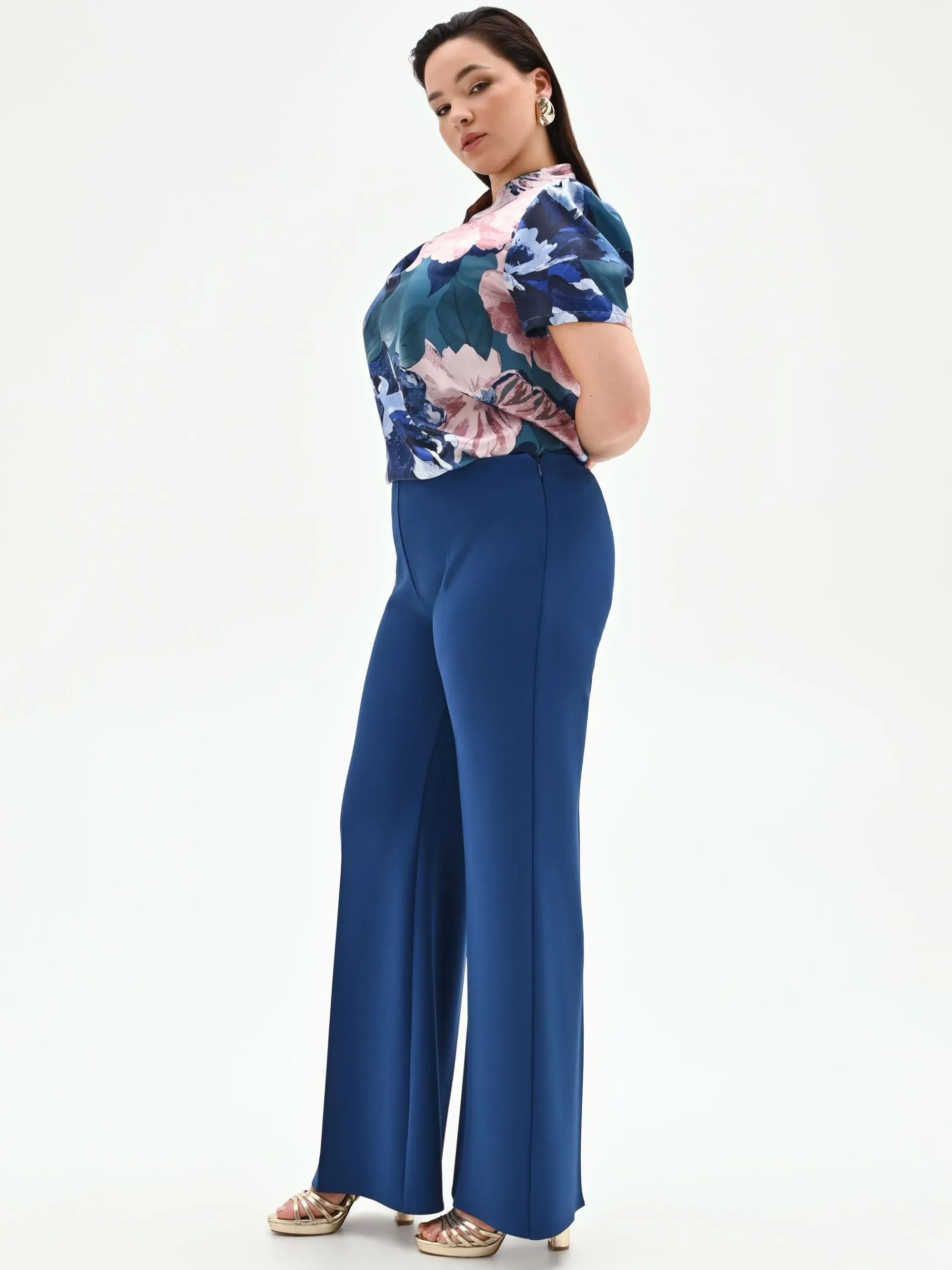 PANTALONE CURVY A PALAZZO BLU BRILLANTE IN SCUBA MANO CREPE