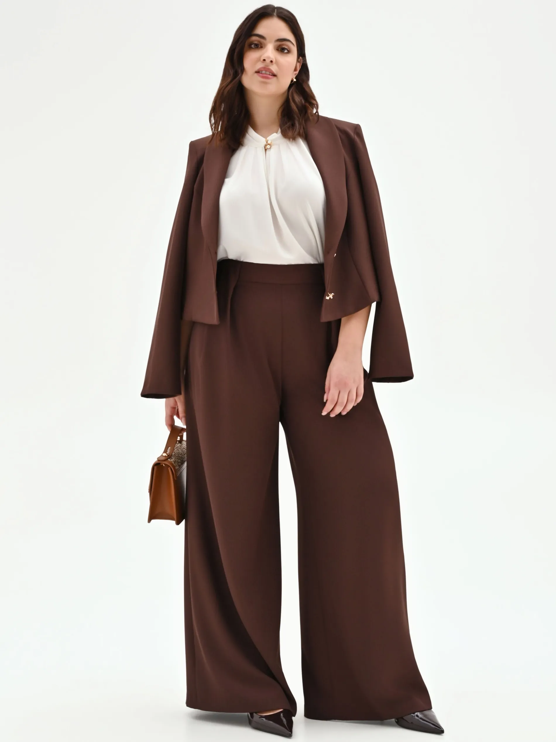 PANTALONE CURVY A PALAZZO CIOCCOLATO CON PINCES
