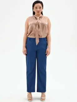 PANTALONE CURVY BLU BRILLANTE A VITA ALTA IN TESSUTO TECNICO