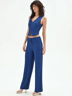 PANTALONE GESSATO GAMBA AMPIA BLU BRILLANTE A VITA BASSA