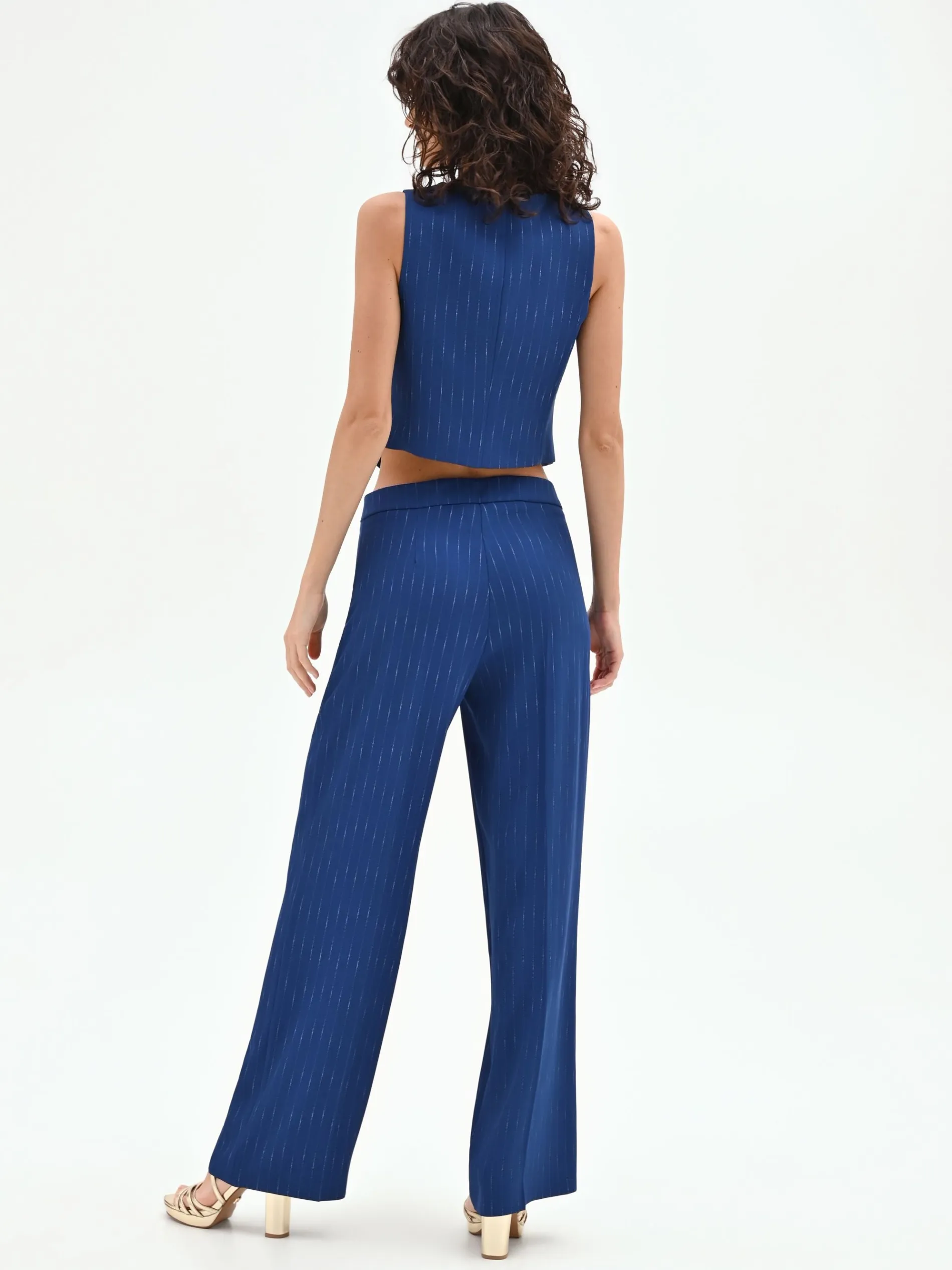 PANTALONE GESSATO GAMBA AMPIA BLU BRILLANTE A VITA BASSA