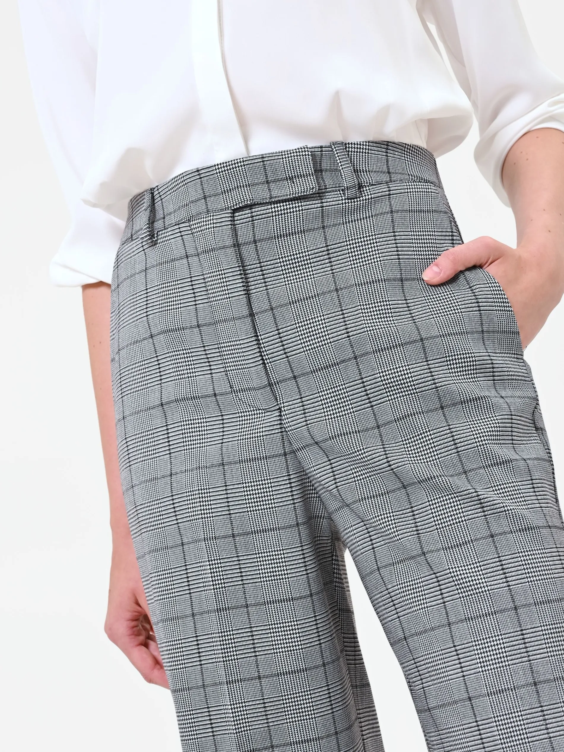 PANTALONE GRIGIO A GAMBA AMPIA CON FANTASIA CHECK