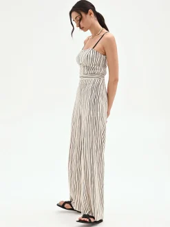PANTALONE IN LINO PANNA A PALAZZO CON FANTASIA A RIGHE