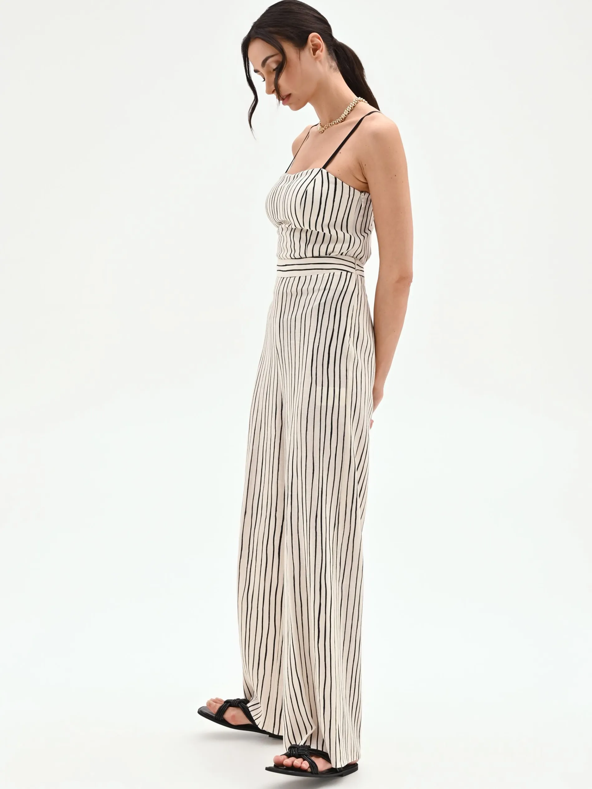 PANTALONE IN LINO PANNA A PALAZZO CON FANTASIA A RIGHE