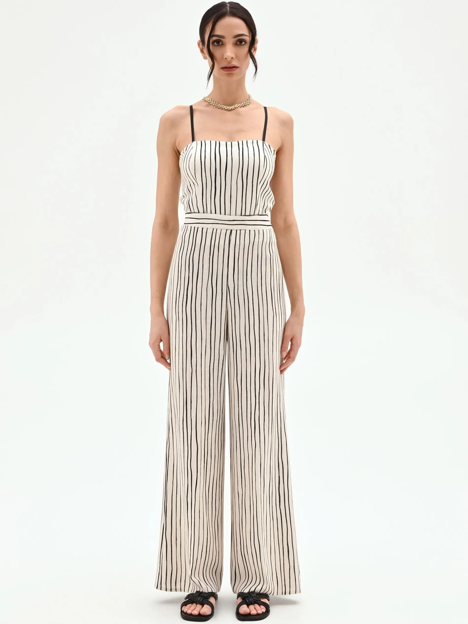 PANTALONE IN LINO PANNA A PALAZZO CON FANTASIA A RIGHE