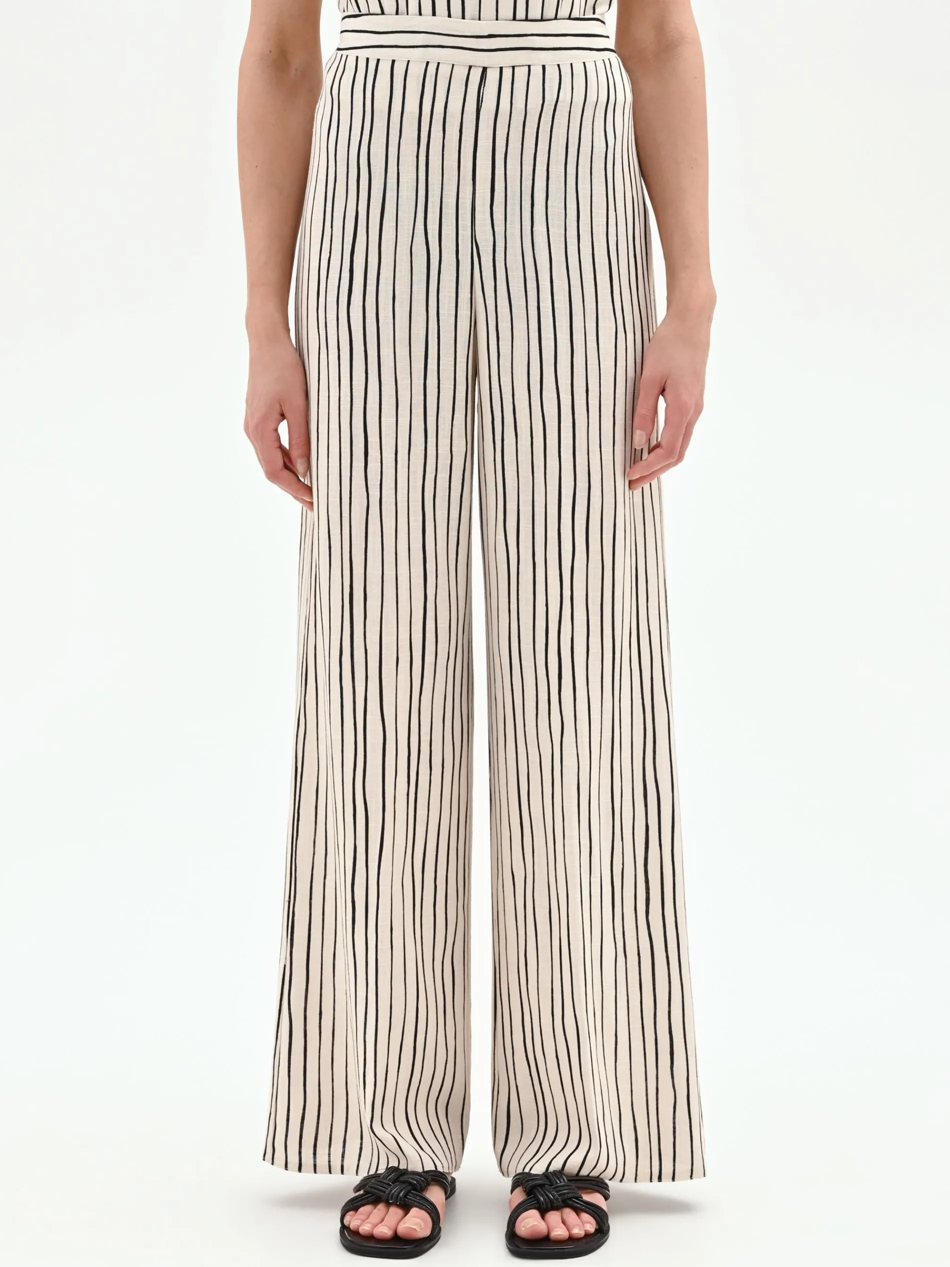 PANTALONE IN LINO PANNA A PALAZZO CON FANTASIA A RIGHE